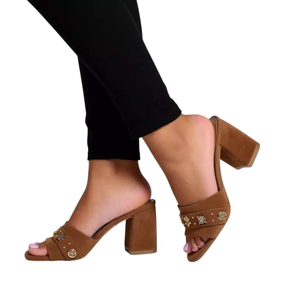 GUESS Brown Suede Block Heel Sandals Gold Logo Hardware Square Toe Womens 7 NWOB